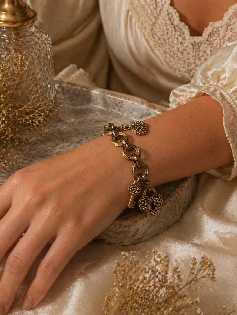 Gold Charm Bracelet Lock Key Heart Toggle Rhinestone Chunky Vintage Style
